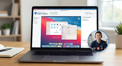 Close up of a secure remote support software interface on a laptop with a friendly technician visible in a small inset bubble window